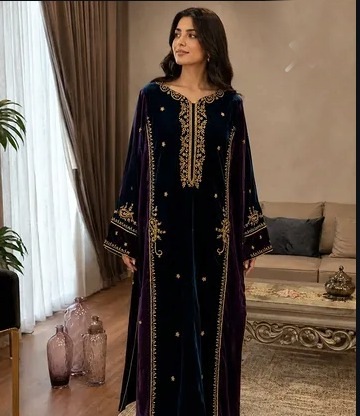 Editorial feature — navy velvet embroidered ensemble